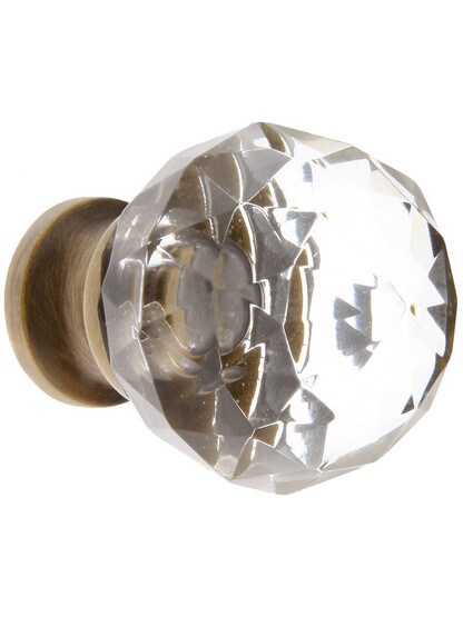 Small Globe Style Cut Crystal Knob With Solid Brass Base in Antique Brass.